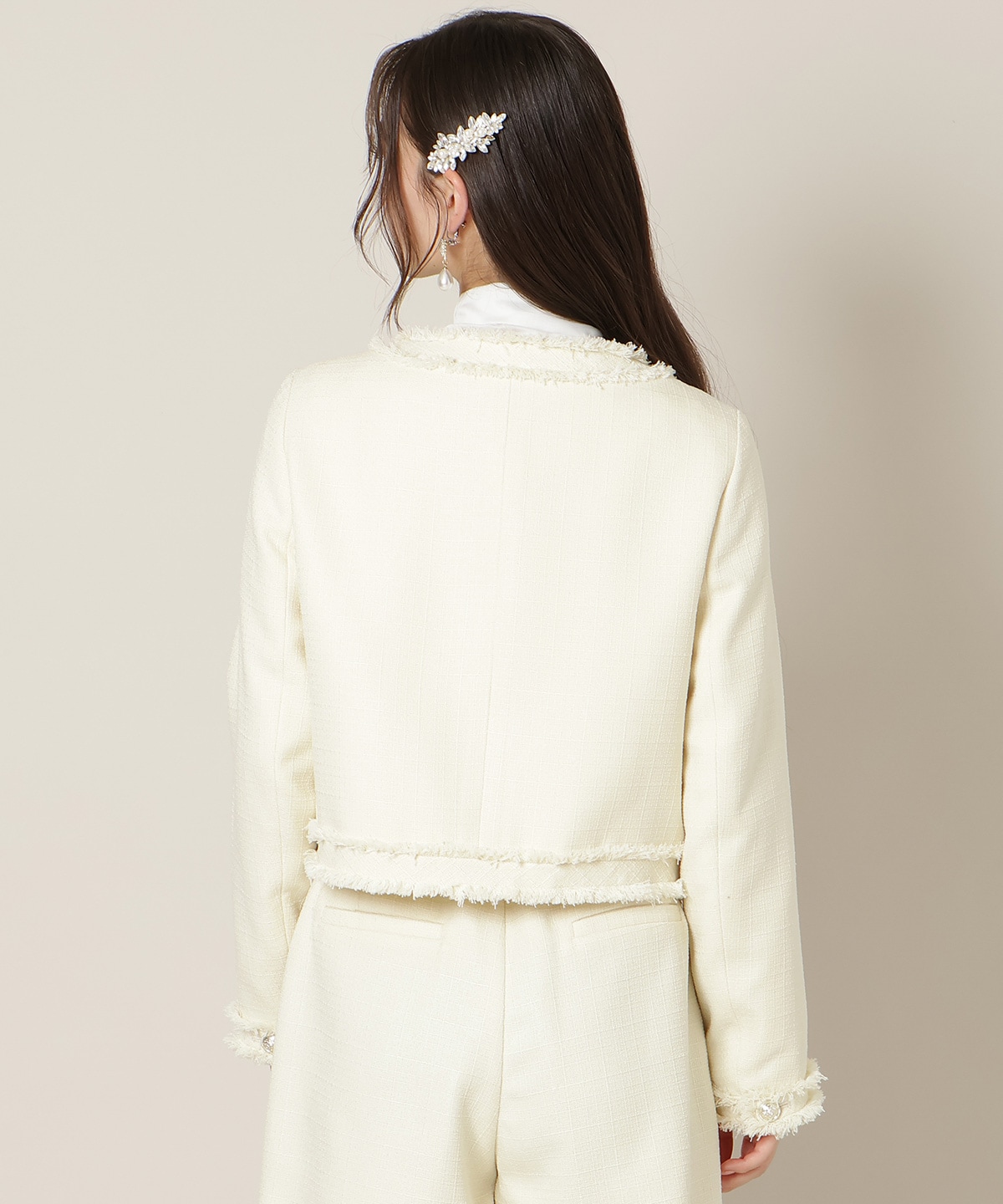 ノーカラーフリンジツイードジャケット