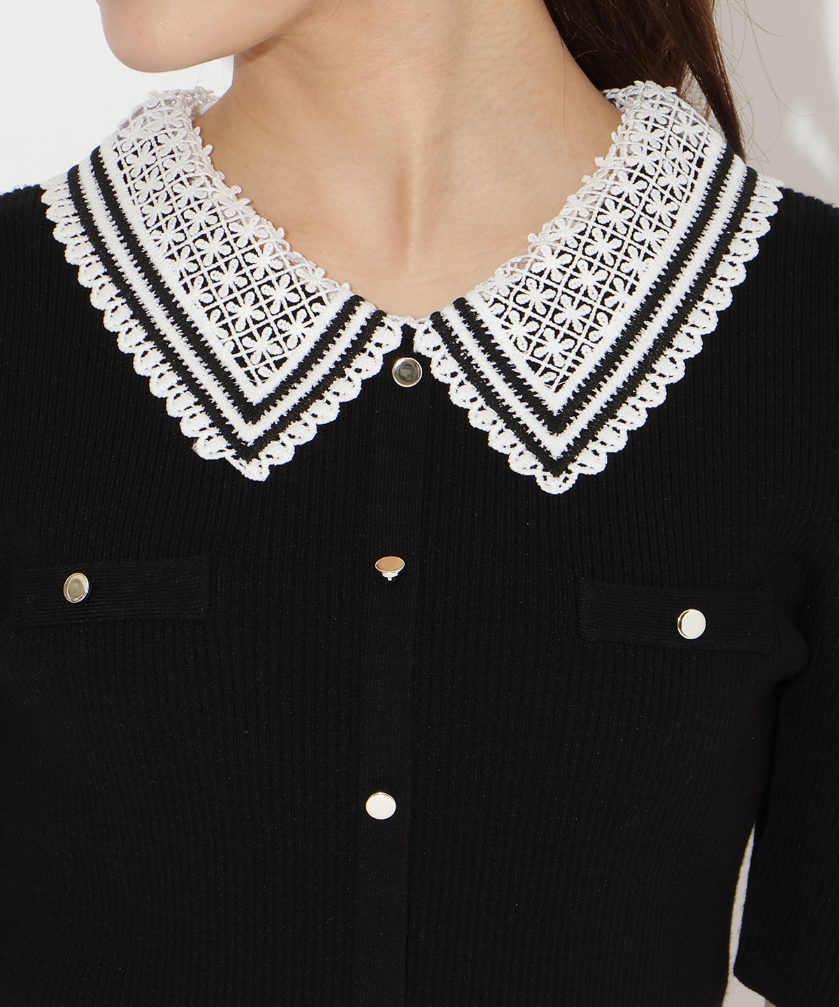 バイカラーレース襟リブニット