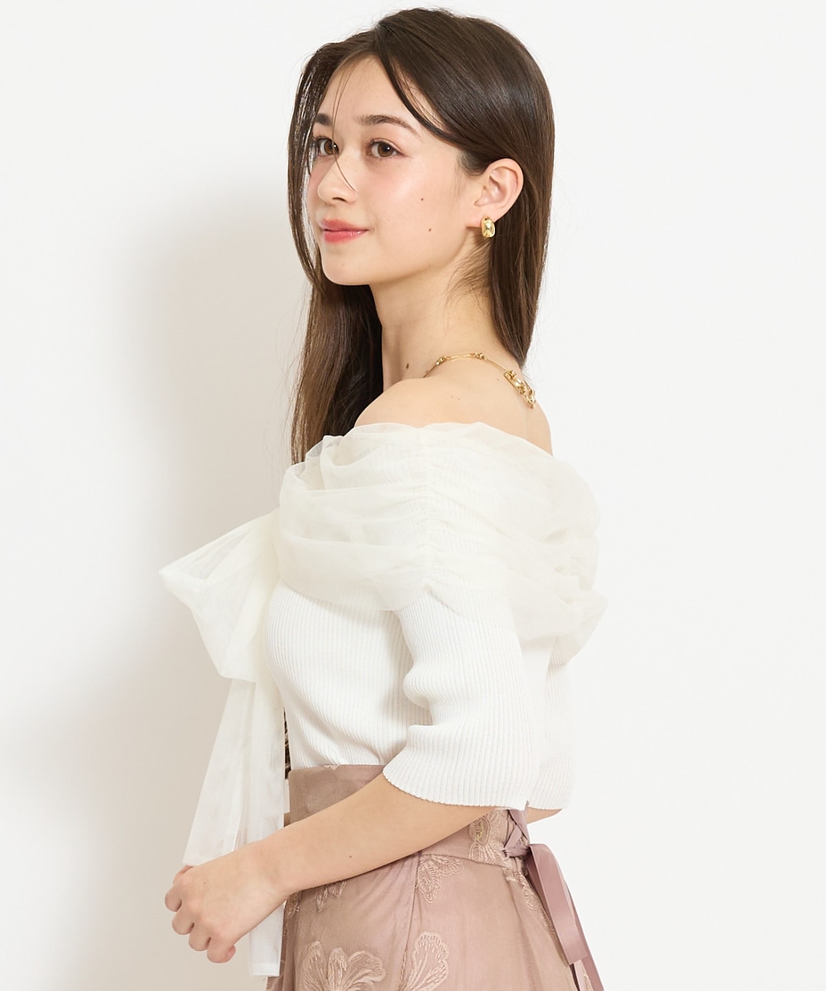 リボンチュールレイヤードリブニット