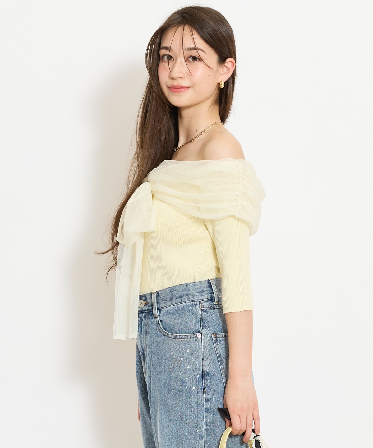 リボンチュールレイヤードリブニット