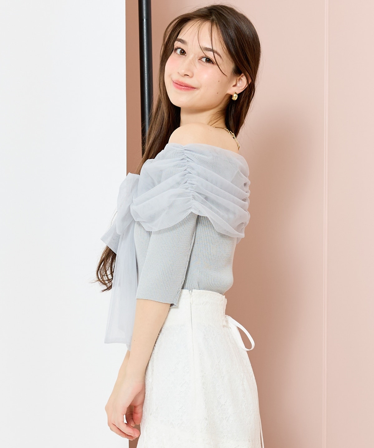 リボンチュールレイヤードリブニット