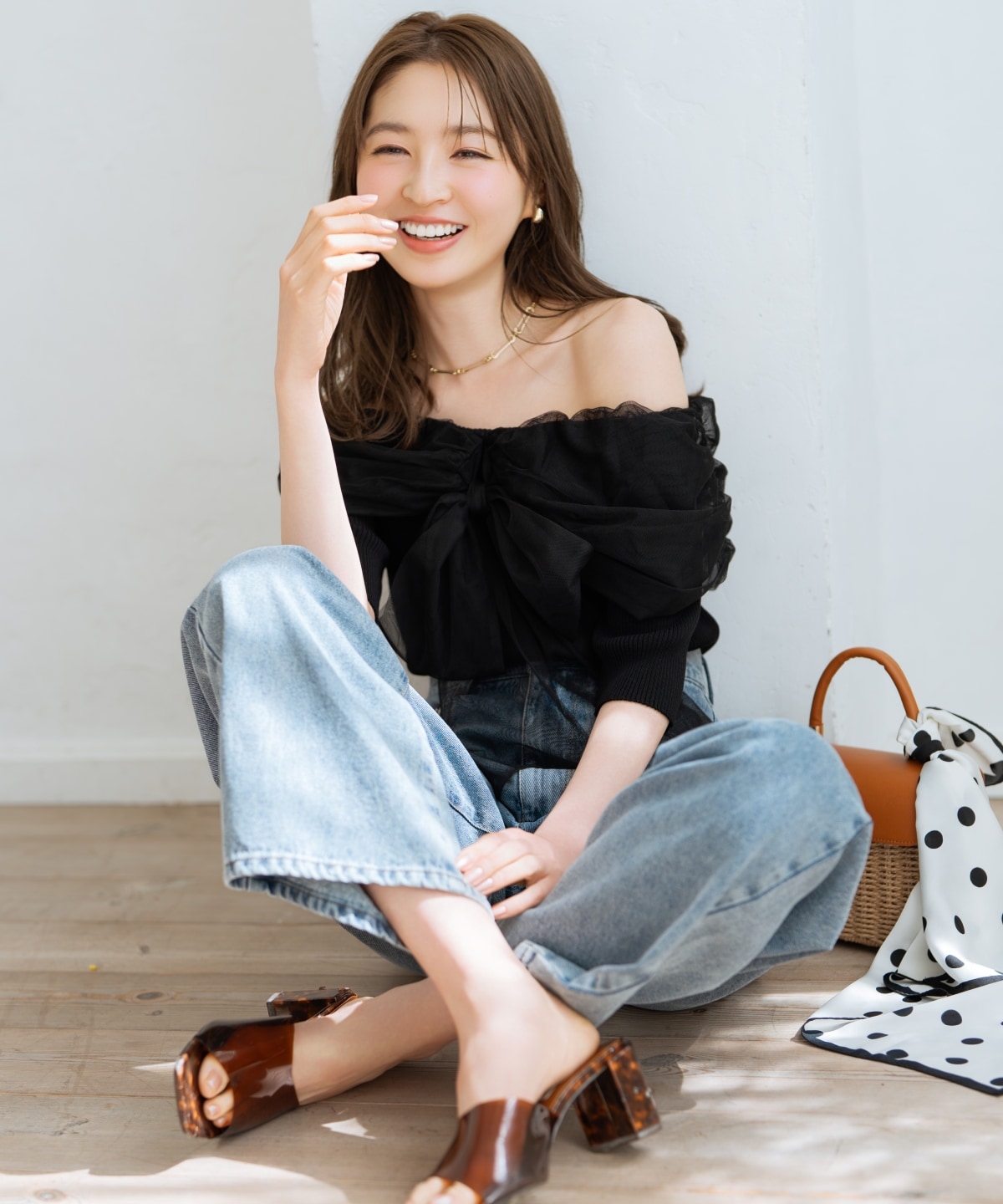 リボンチュールレイヤードリブニット