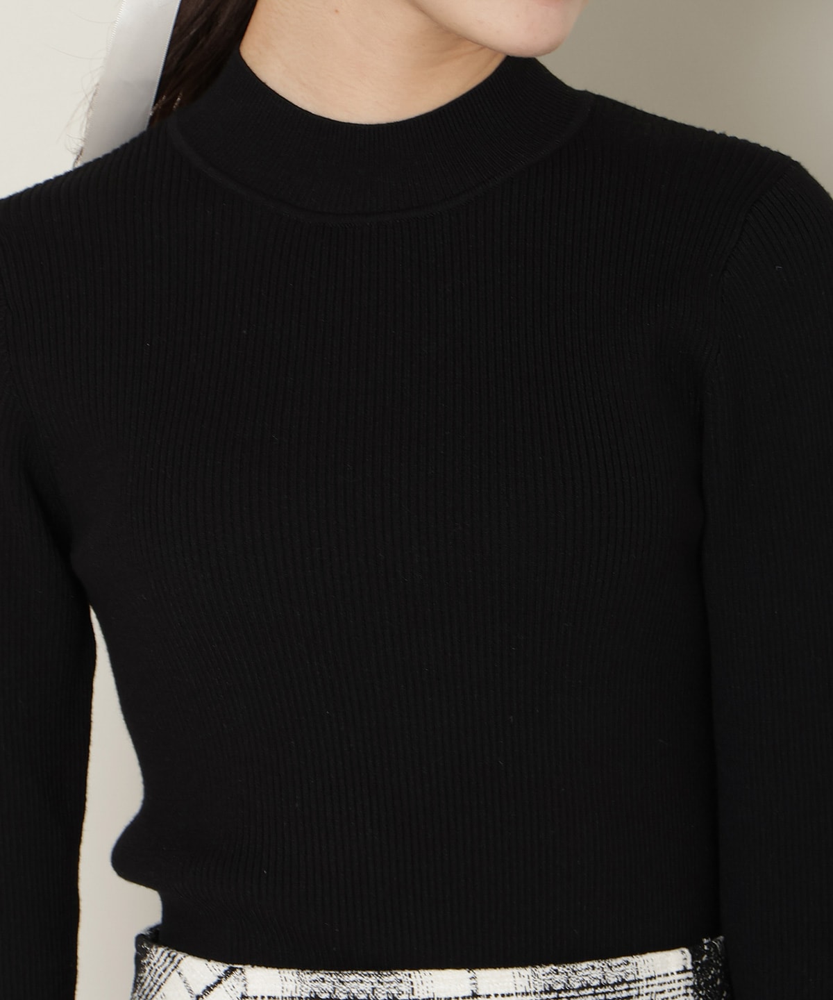 袖口レースハイネックリブニット