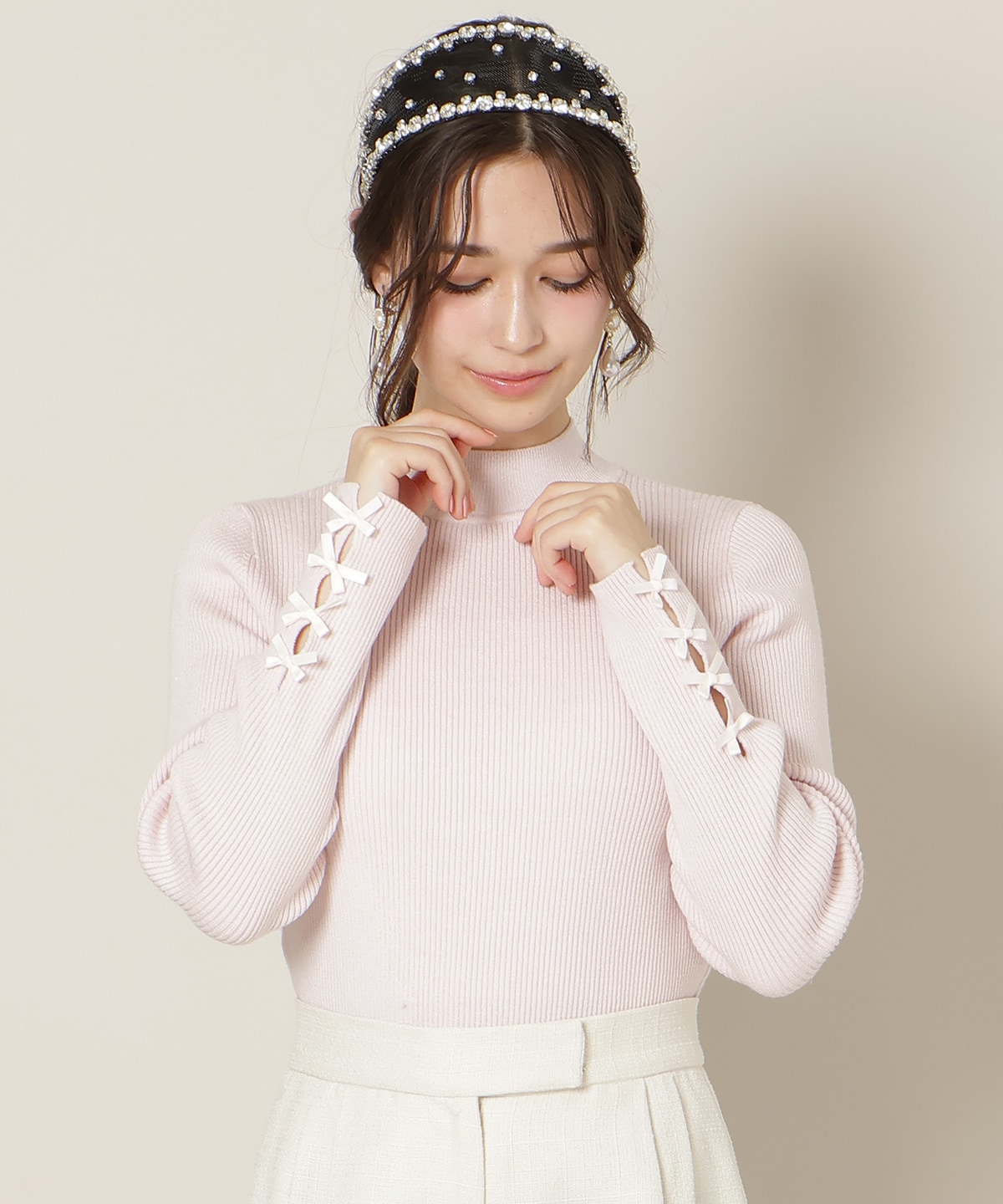 袖リボンラメリブニット