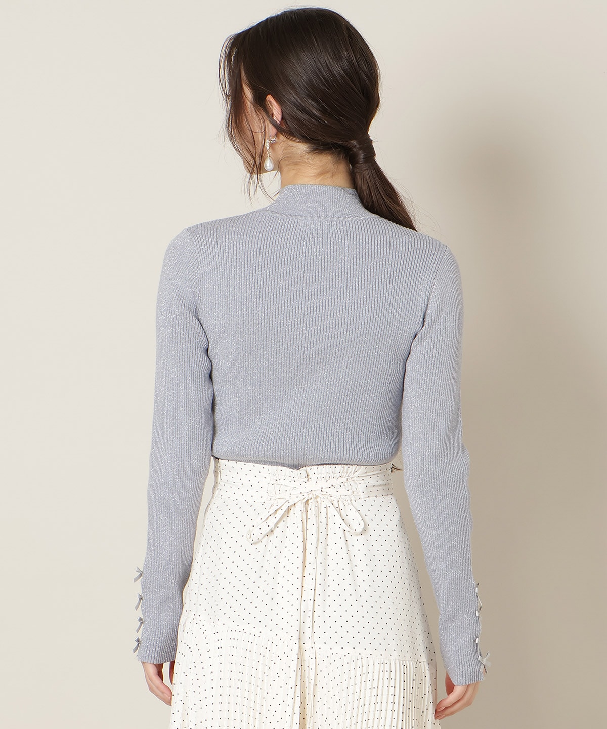 袖リボンラメリブニット