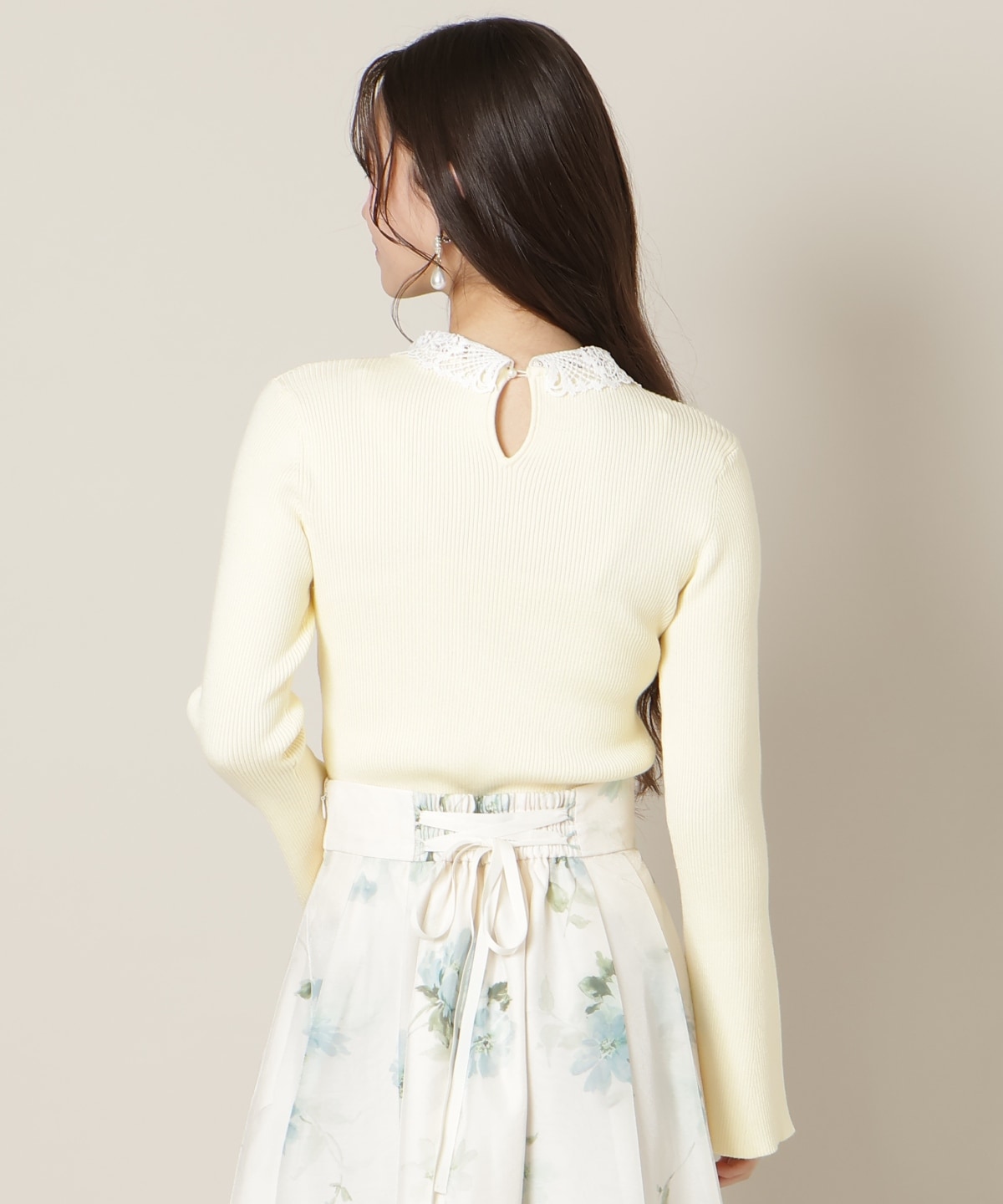 リボンレースカラーフレアスリーブニット