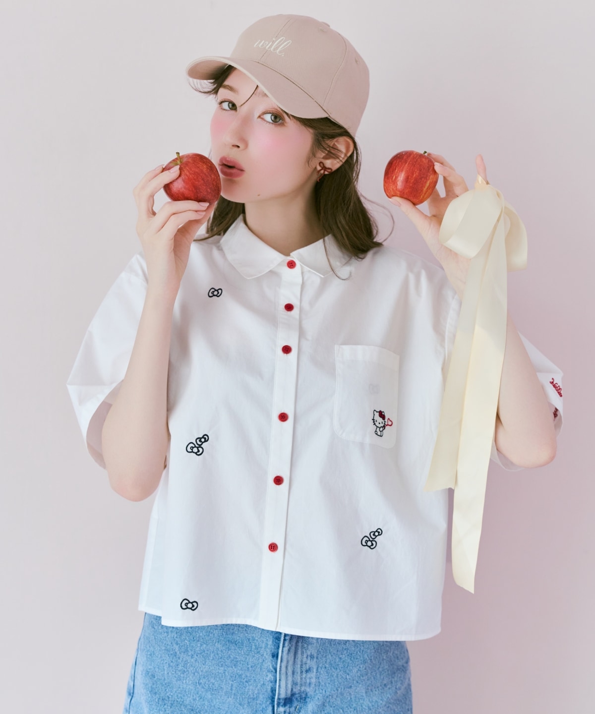 【8/7(fri)20時発売】WILLSELECTION×HELLO KITTY 刺繍クロップドシャツ