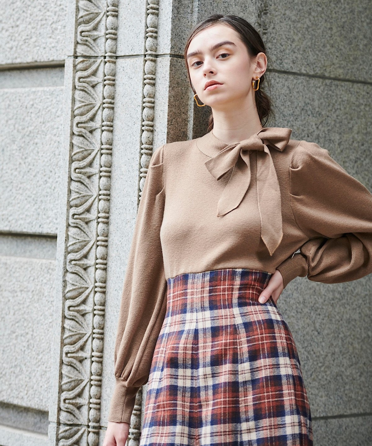 ボウタイウールチェックドッキングワンピース M キャメル And Couture 公式オンラインショップ バーンデストローズ