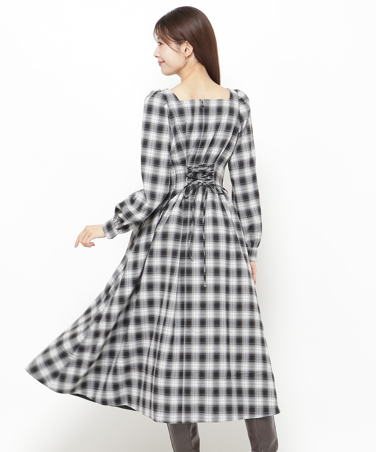 チェックウエストタックワンピース