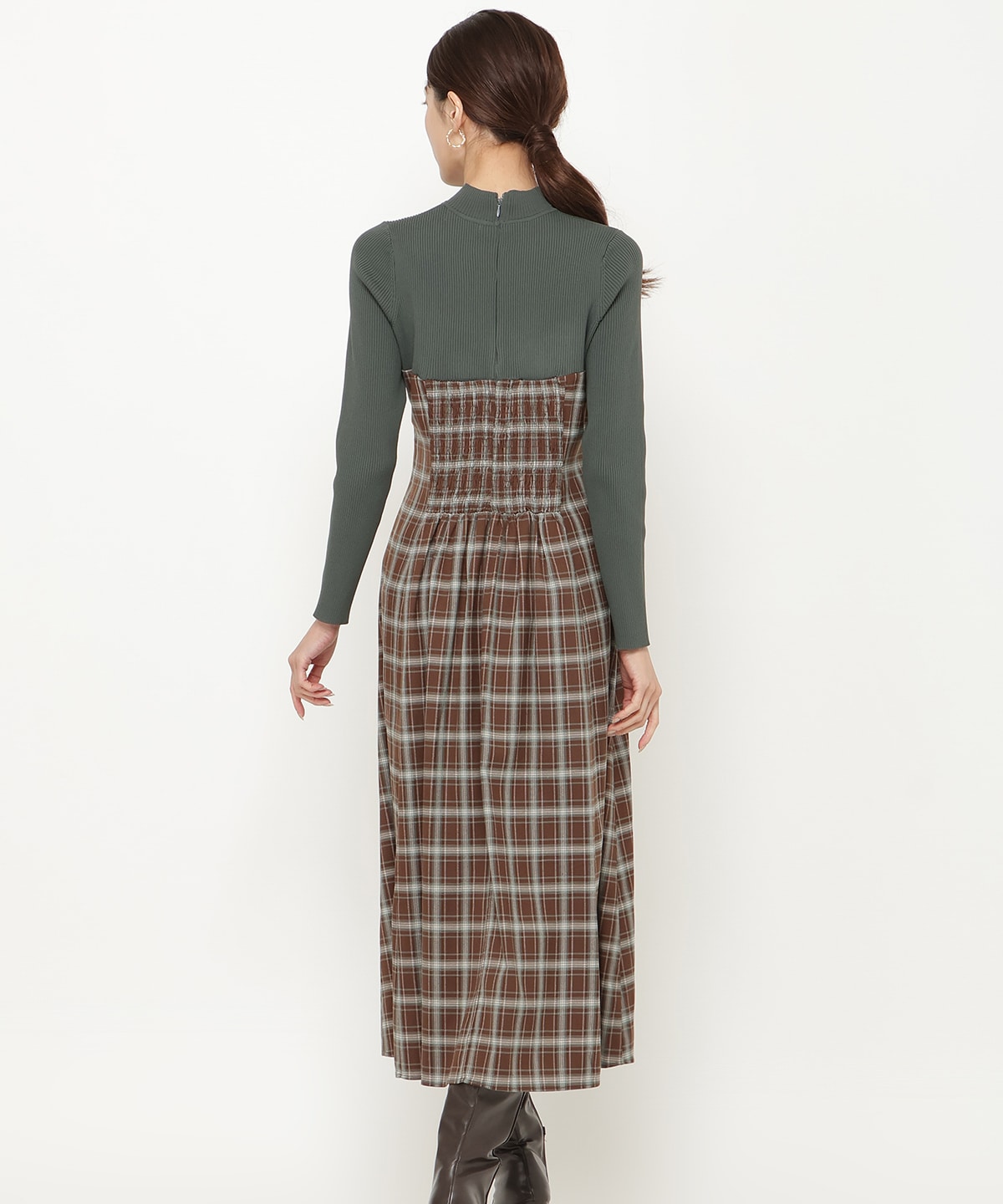 チェックリボン切替ワンピース