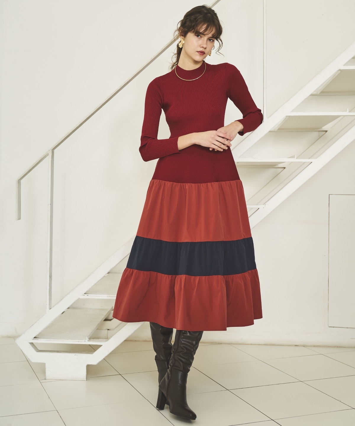 布帛ティアードドッキングワンピース