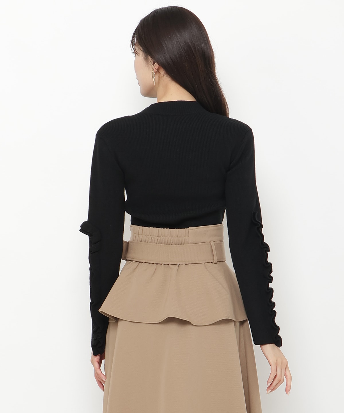 袖フリルハイネックリブニットプルオーバー