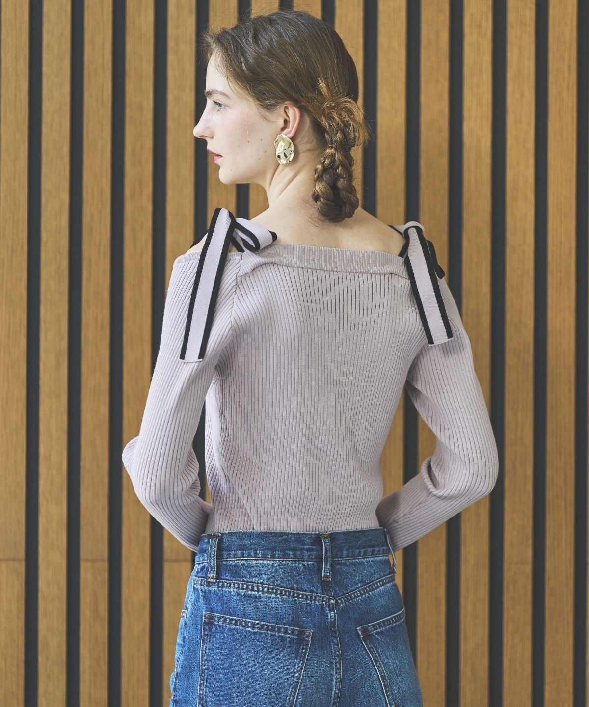 配色ショルダーリボンニットプルオーバー