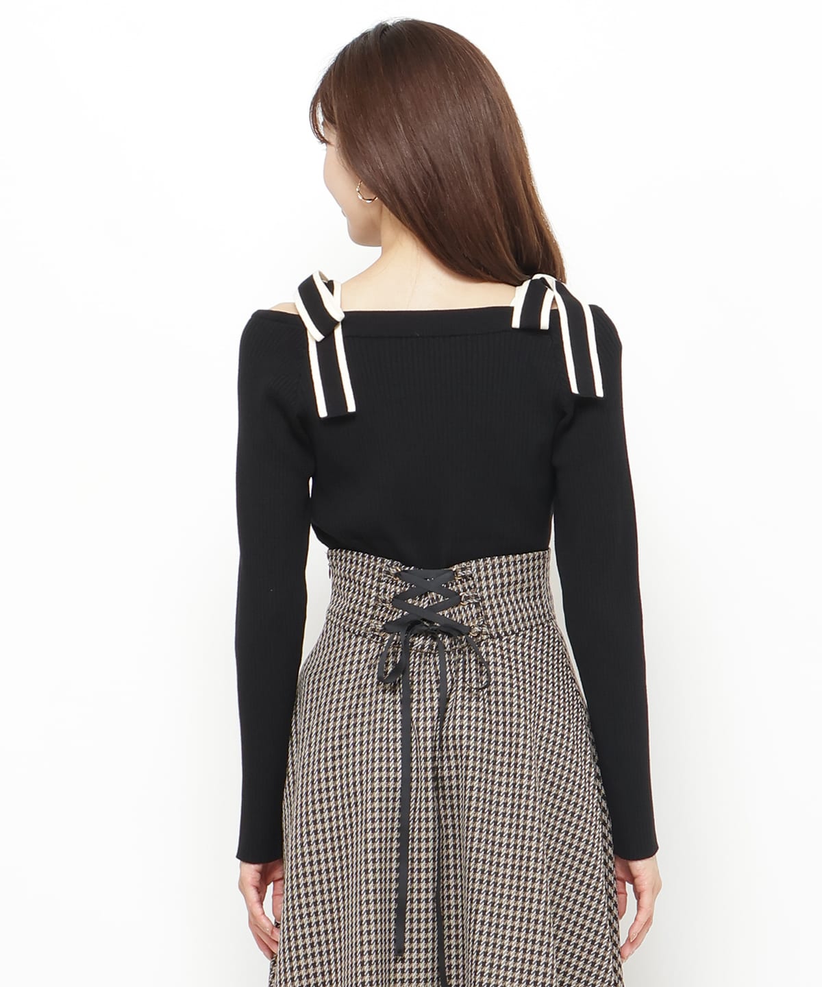 配色ショルダーリボンニットプルオーバー