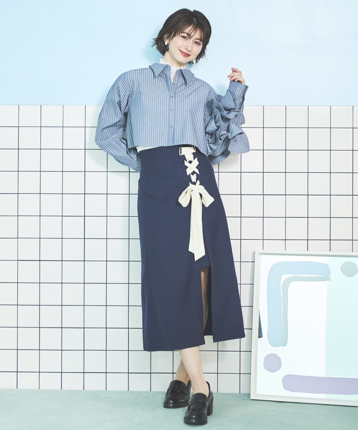 サイドレースアップリボンスリットスカート