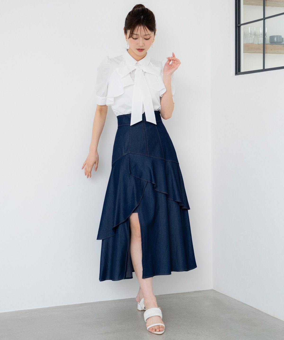 デニムライクレイヤードフリルスカート