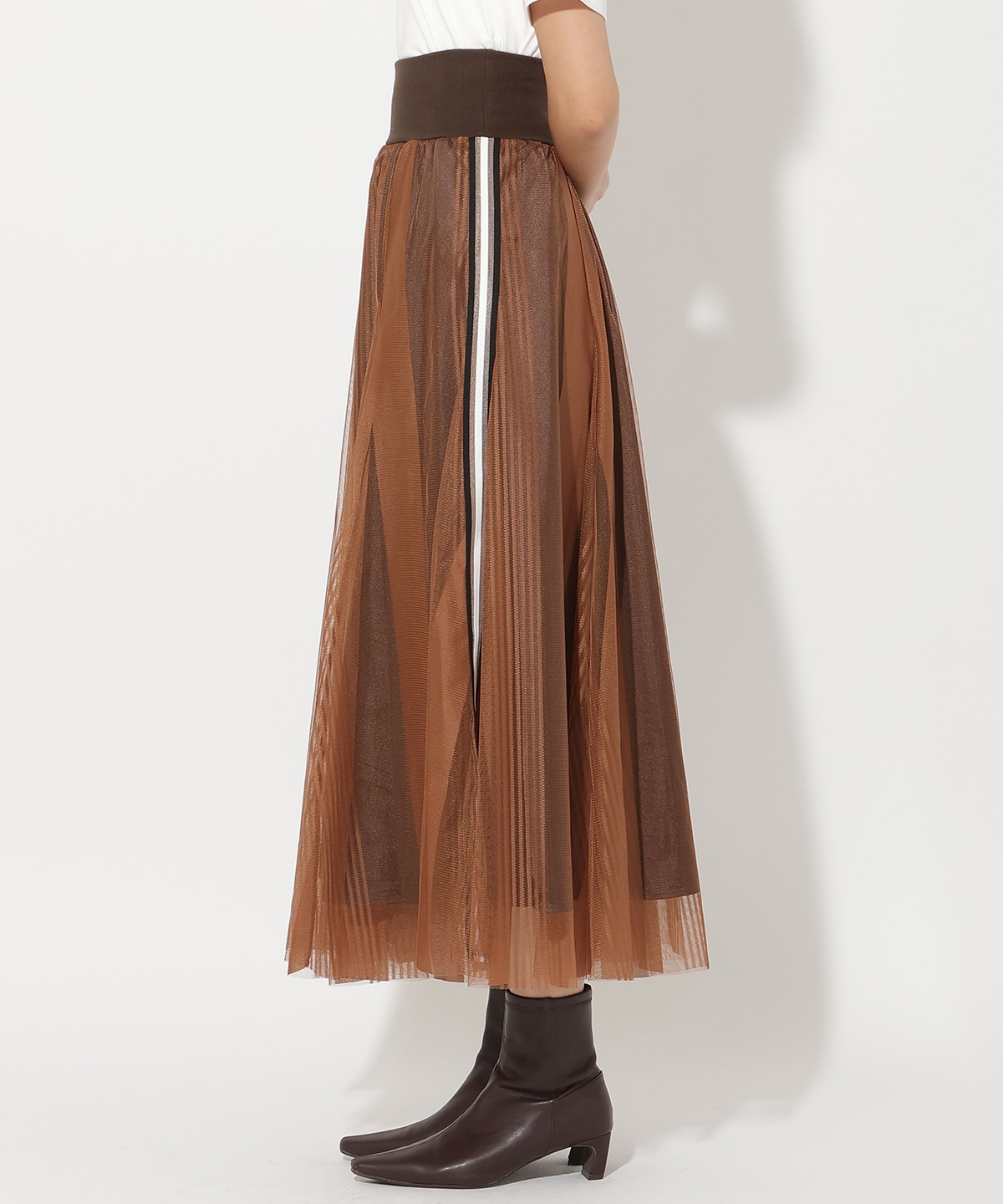 ウエストリブサイドラインストライプ×チュールロングスカート