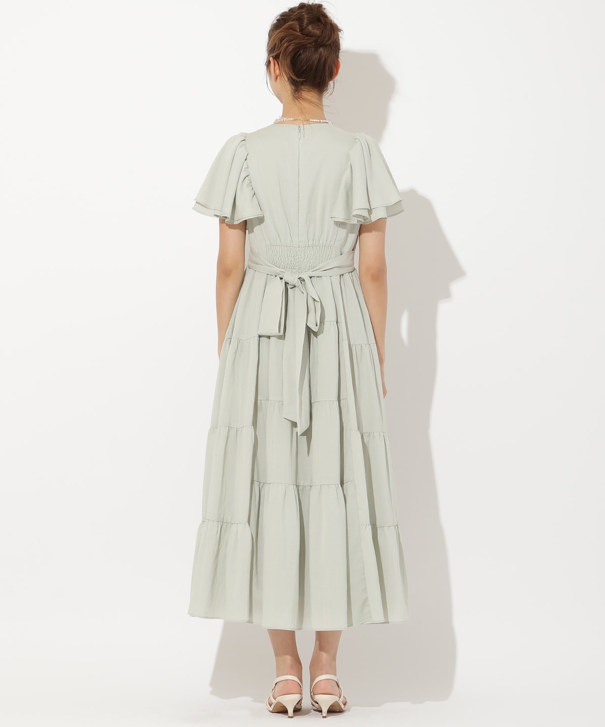 ギャザーVネックティアードワンピース