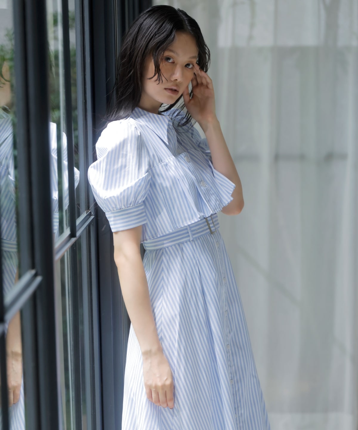 ビスチェ切替ストライプシャツワンピース