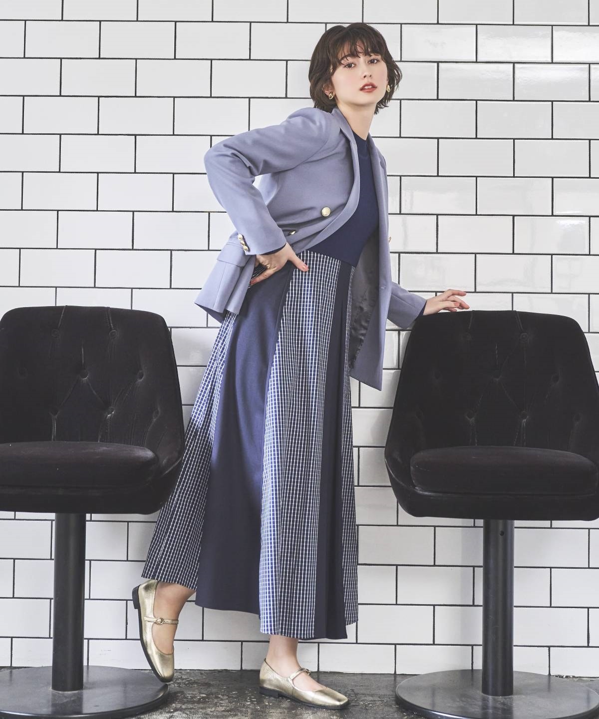 チェックドッキング配色ワンピース