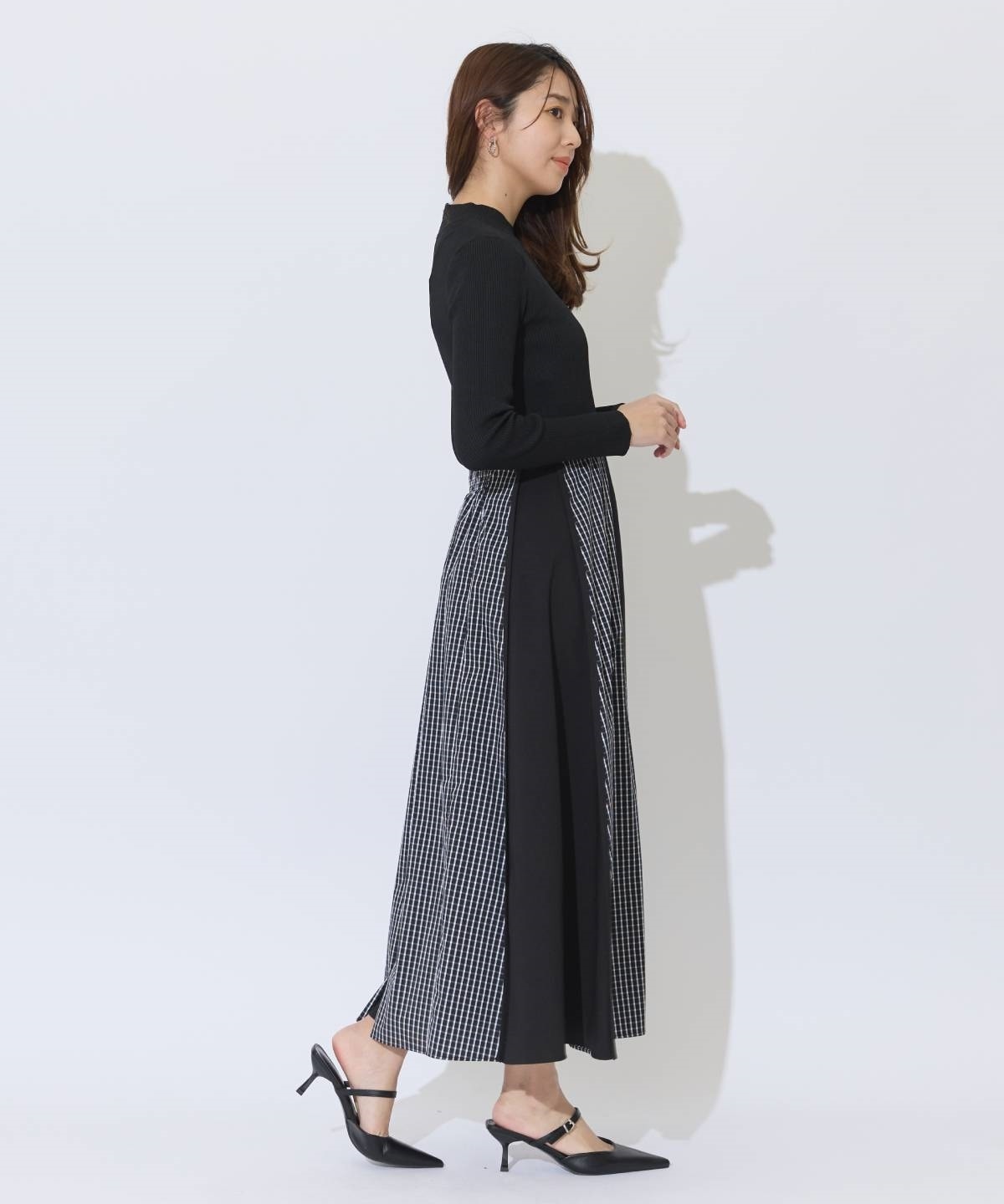 チェックドッキング配色ワンピース