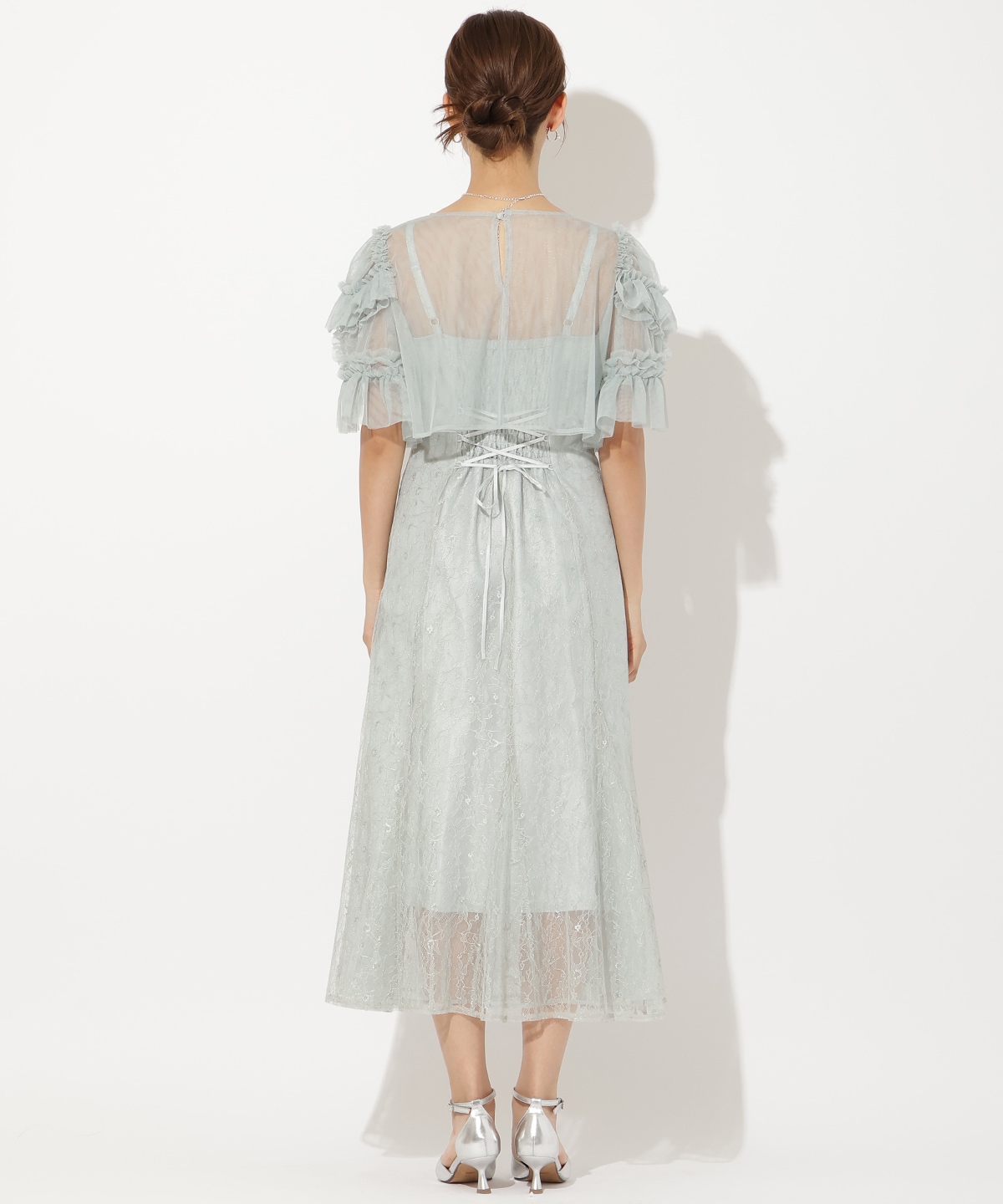 チュールフリルブラウス+レースキャミドレス