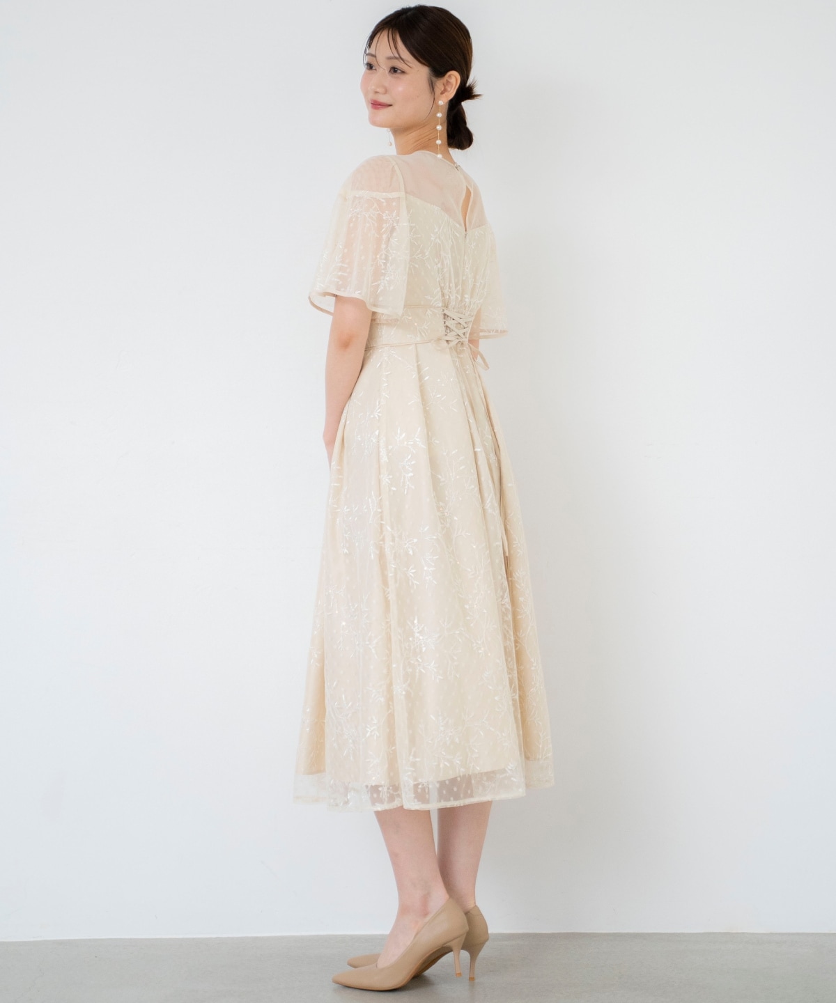 小花柄刺繍ドットチュールドレス