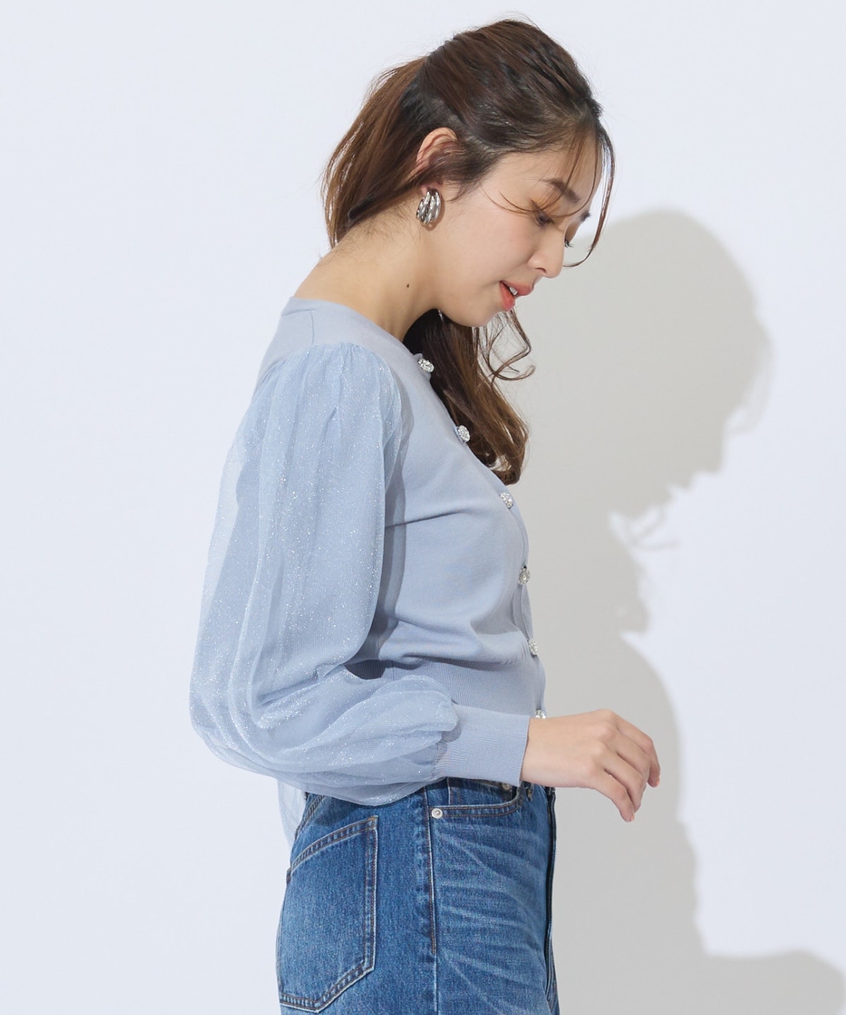 シアースリーブビジューカーディガン