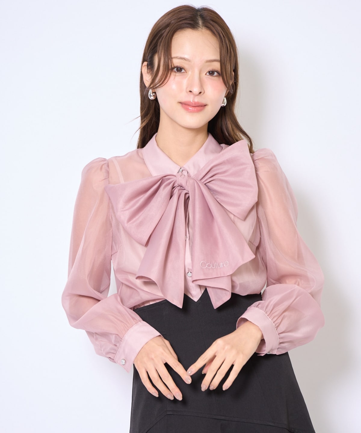 バタフライリボンシアー長袖ブラウス