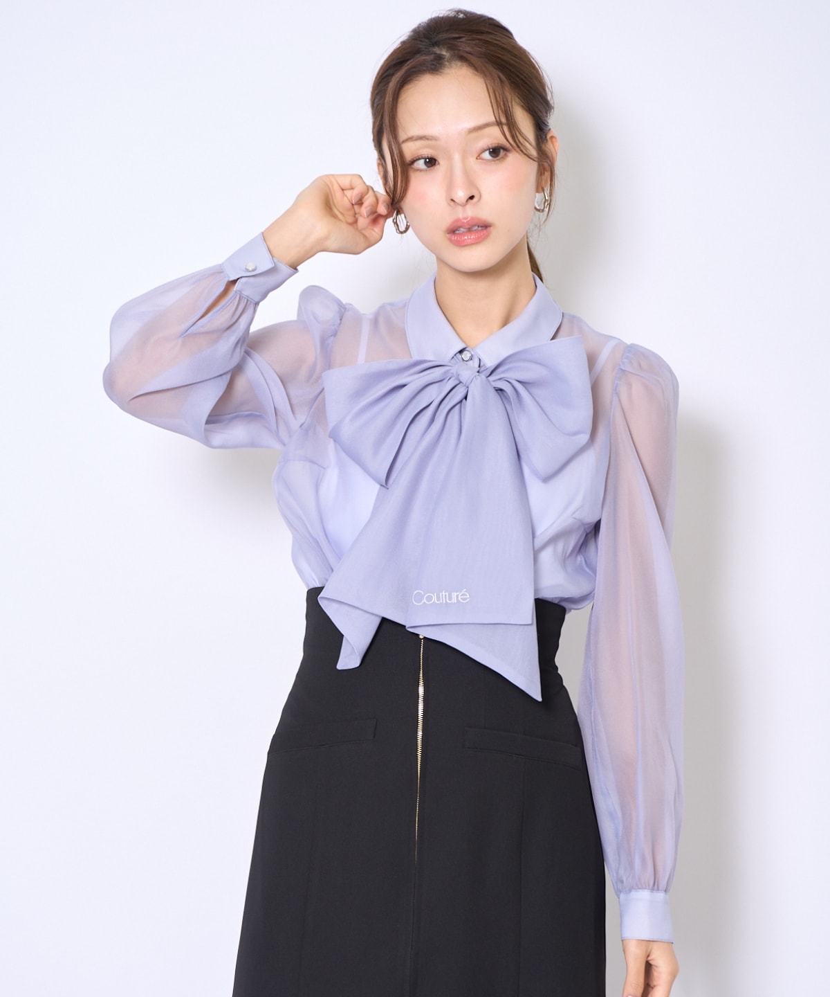 バタフライリボンシアー長袖ブラウス