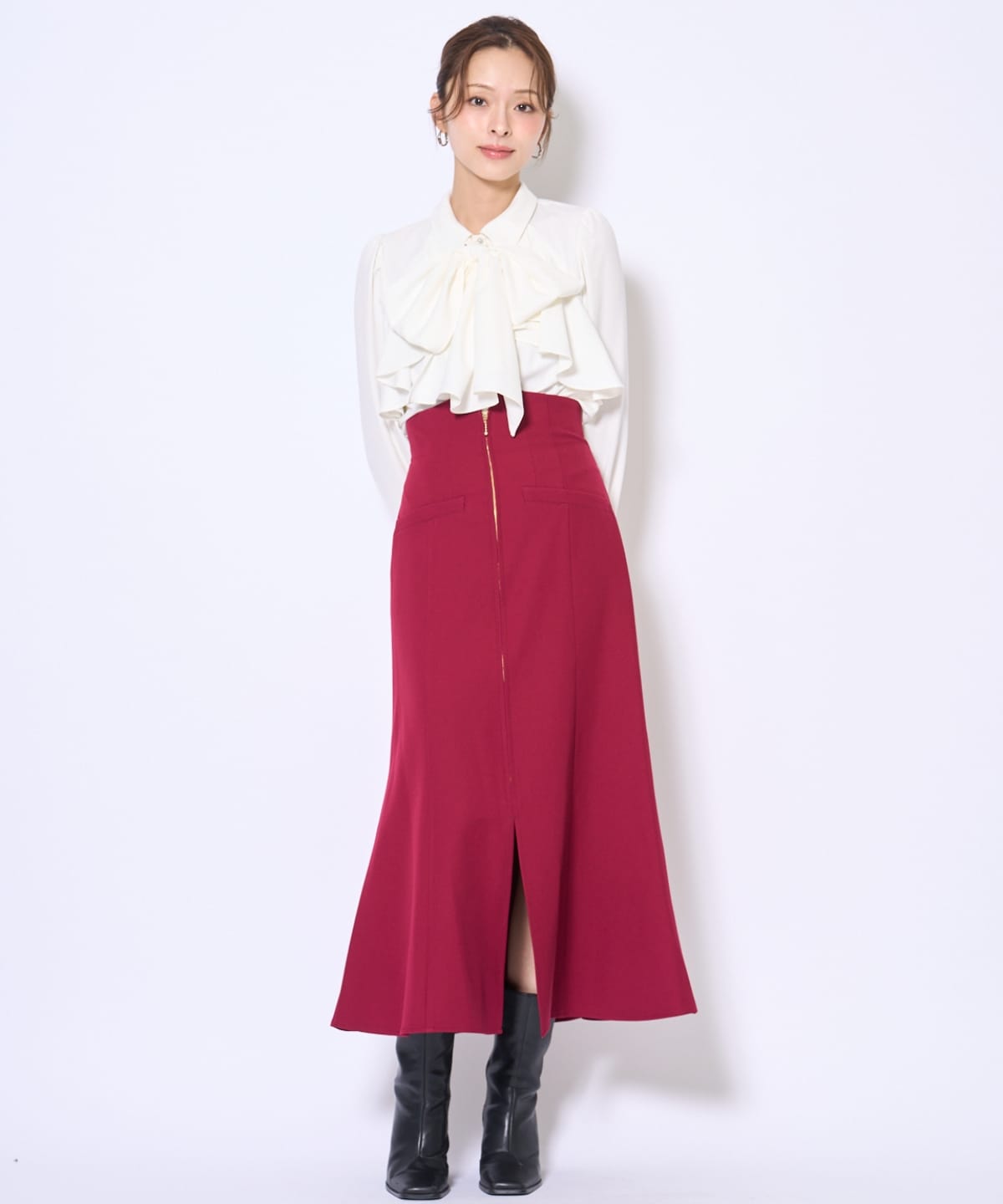 ビジューボタンフリルケープ長袖ブラウス