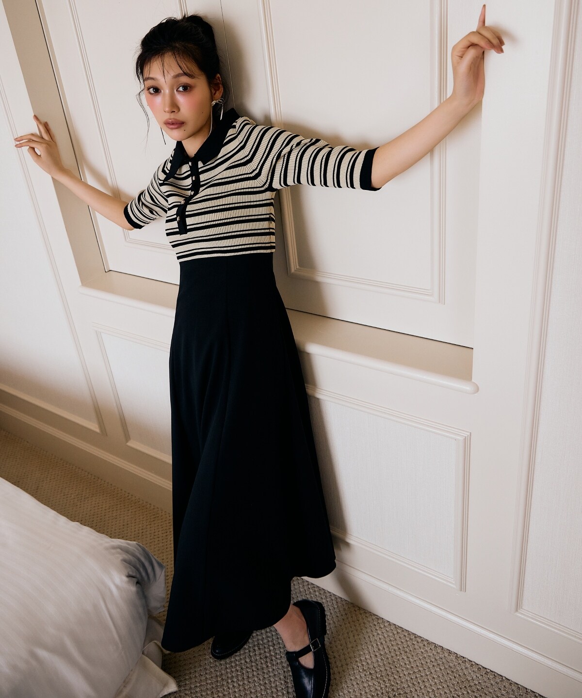 襟付きボーダードッキングワンピース