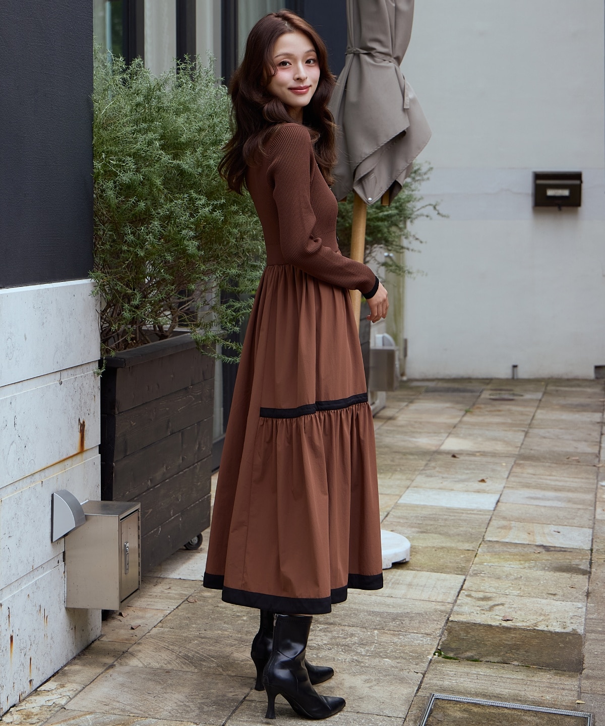 配色ニットドッキングワンピース