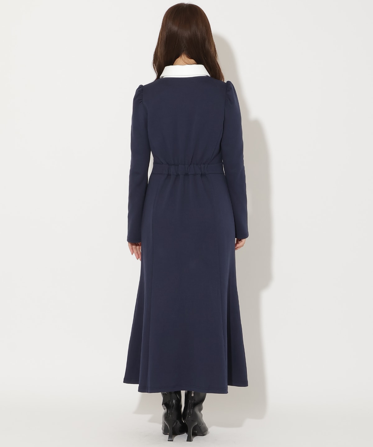 配色ポロ襟長袖ワンピース