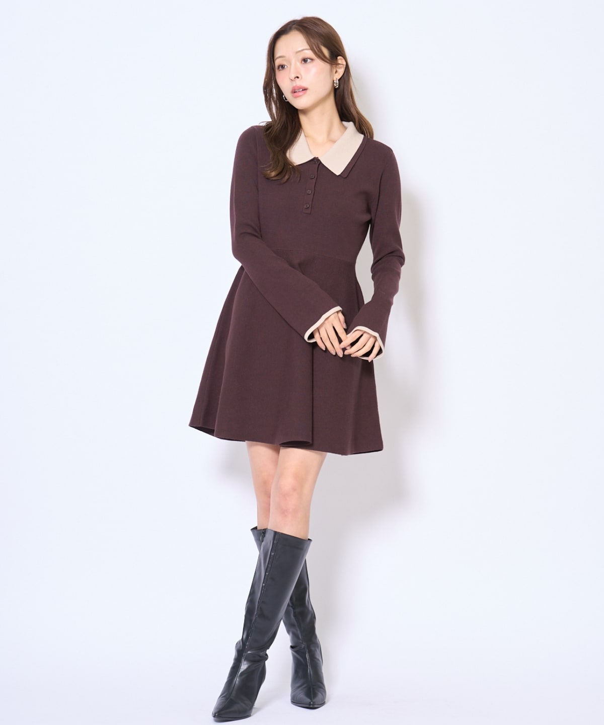 バイカラーポロニットフレアミニワンピース