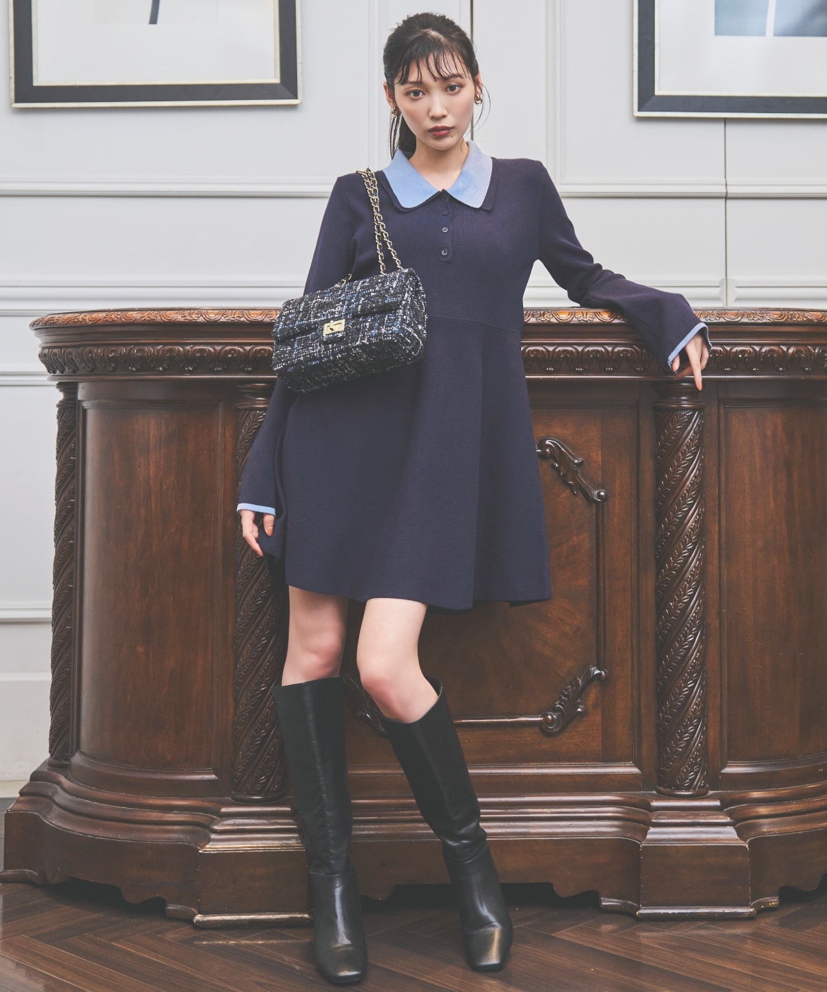 バイカラーポロニットフレアミニワンピース