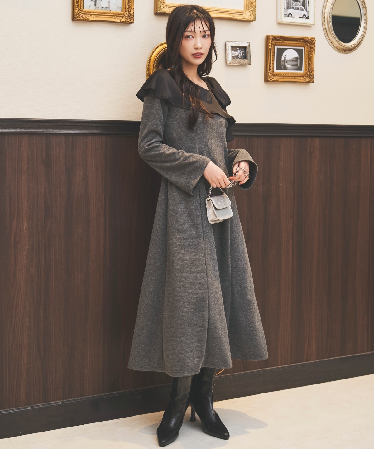 ショルダーリボンカットソーワンピース