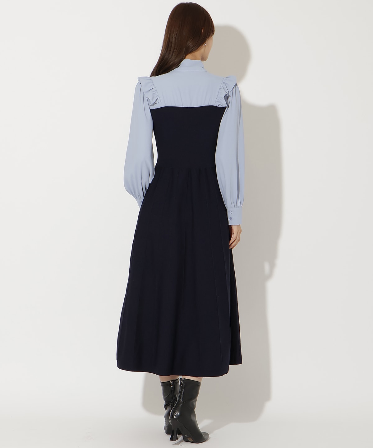 フリルショルダーボウタイドッキングワンピース