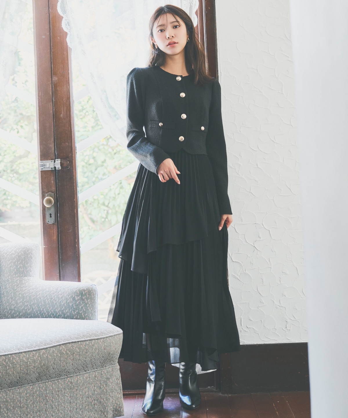 ツイードジャケットドッキングワンピース