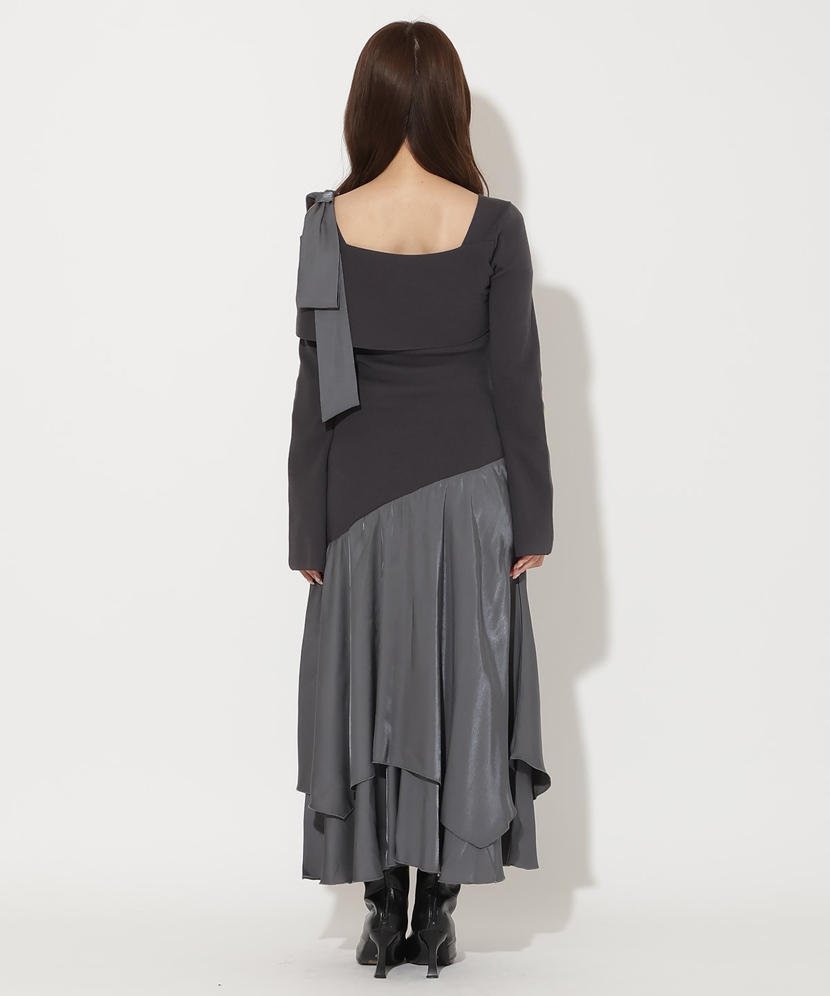 ショルダーリボンニットドッキングワンピース