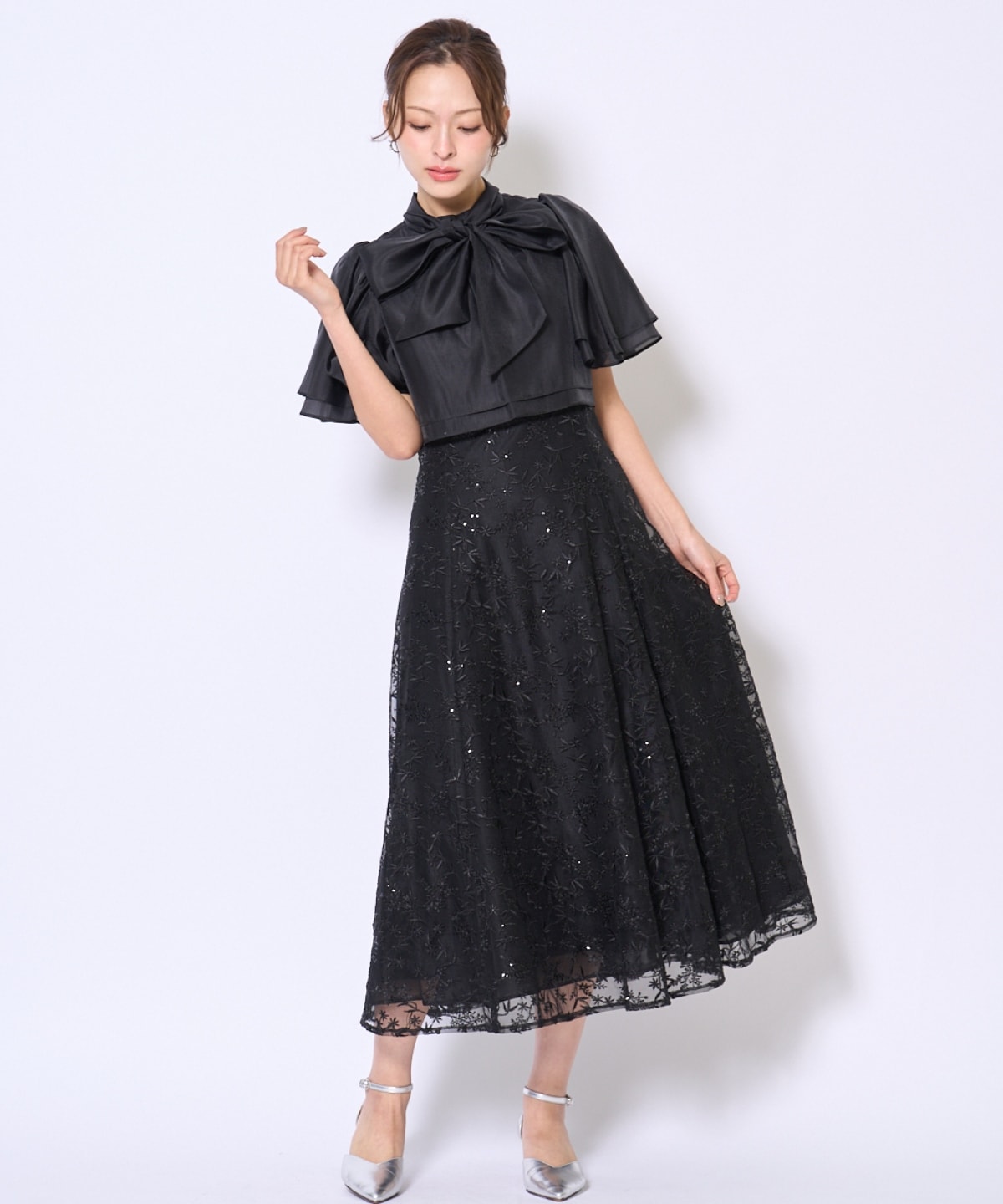 【再入荷予約受付中】ラメボタニカルレースレイヤードドレス