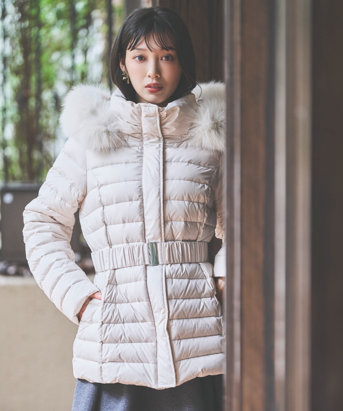 ベルト付きFOXファーミドル丈ダウン