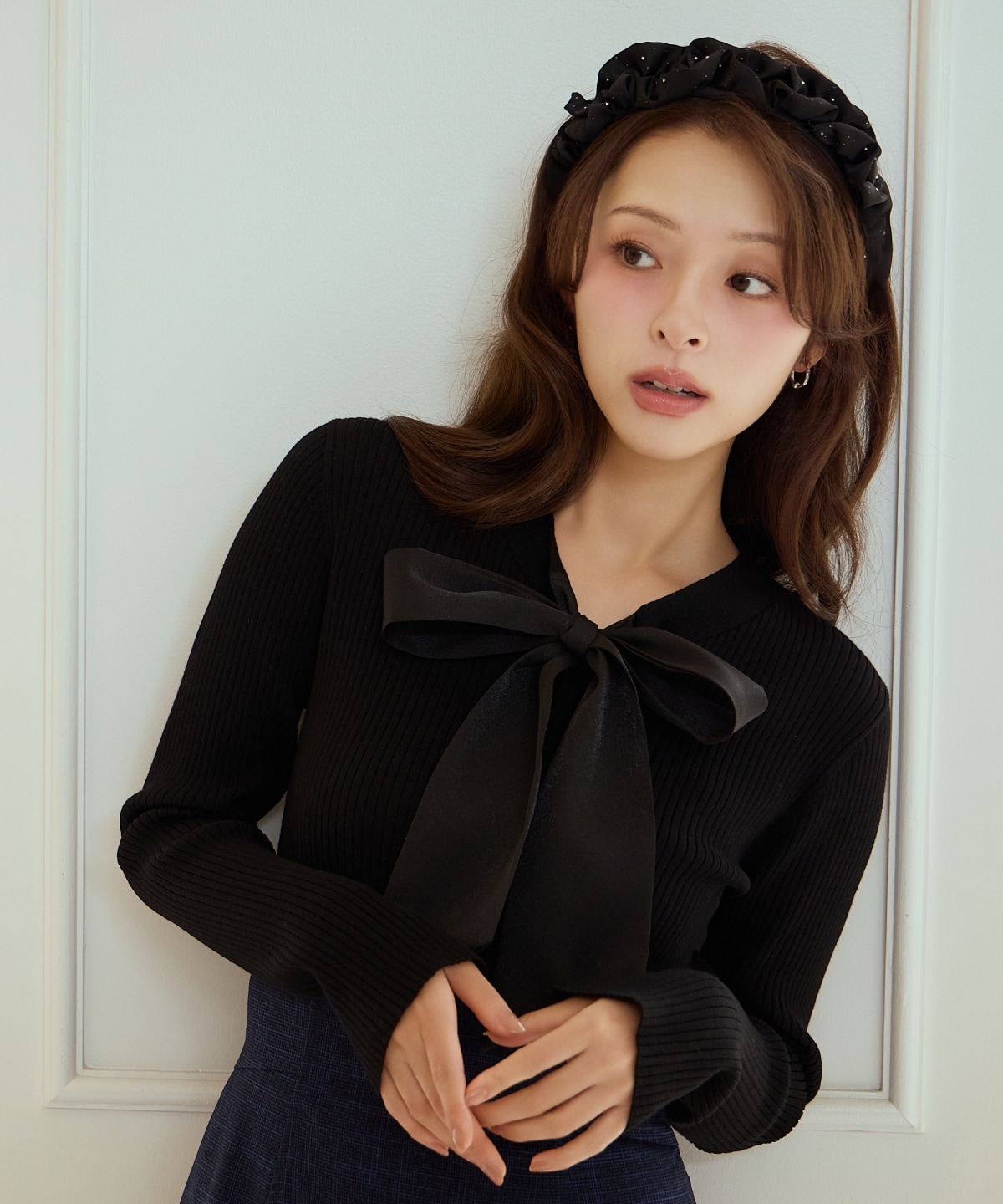 リボンボウタイ付きリブプルオーバー