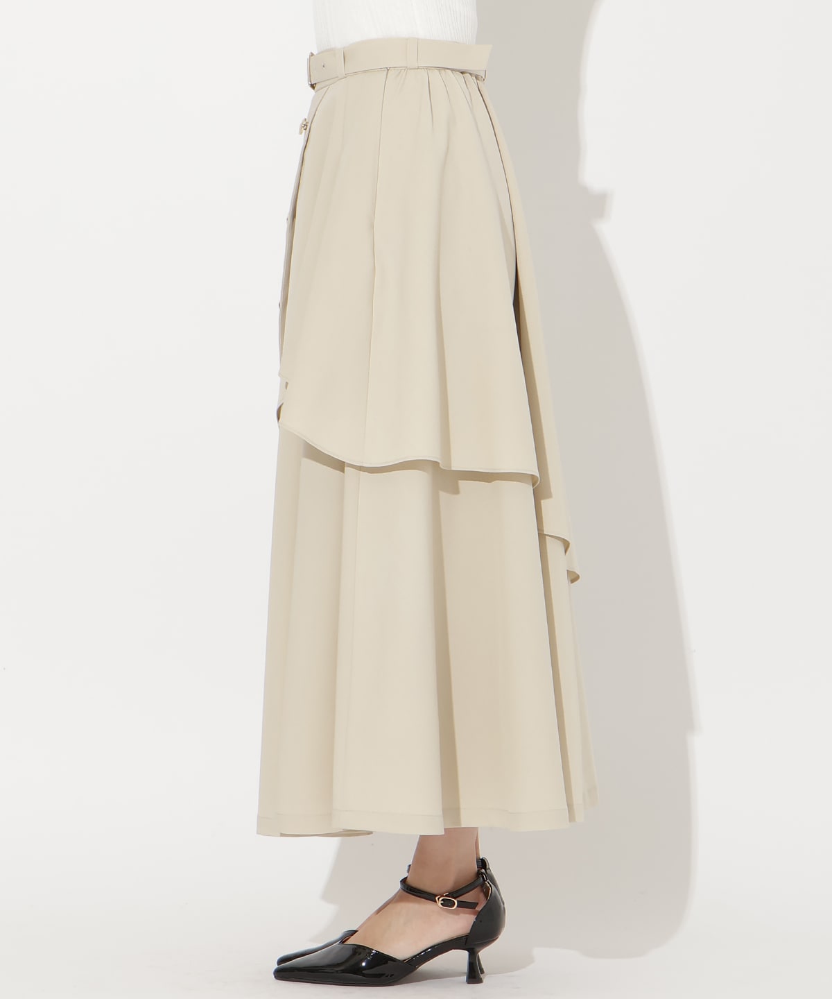 【先行予約受付中】ベルト付きレイヤードデザインフレアスカート