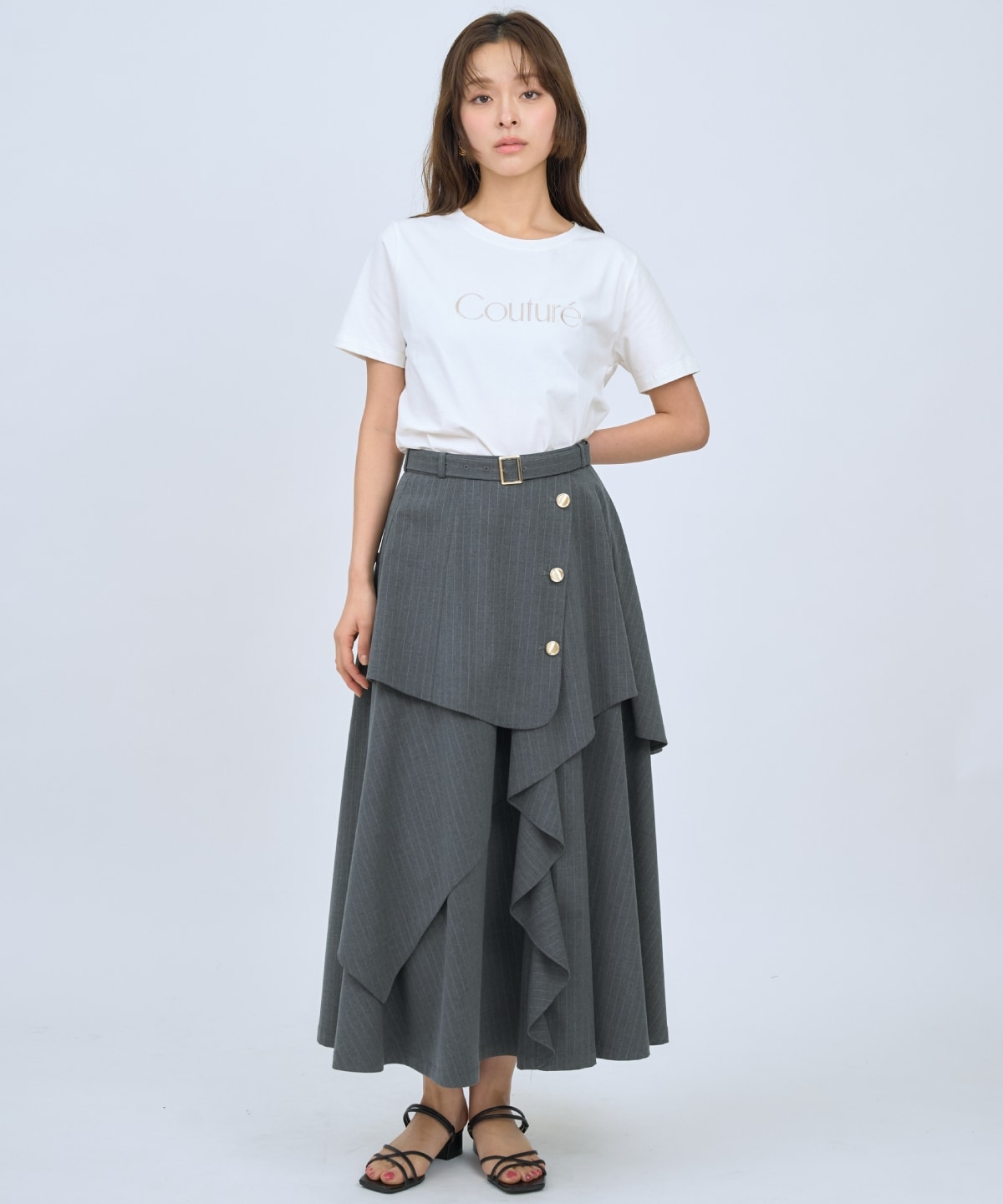 ベルト付きレイヤードデザインフレアスカート