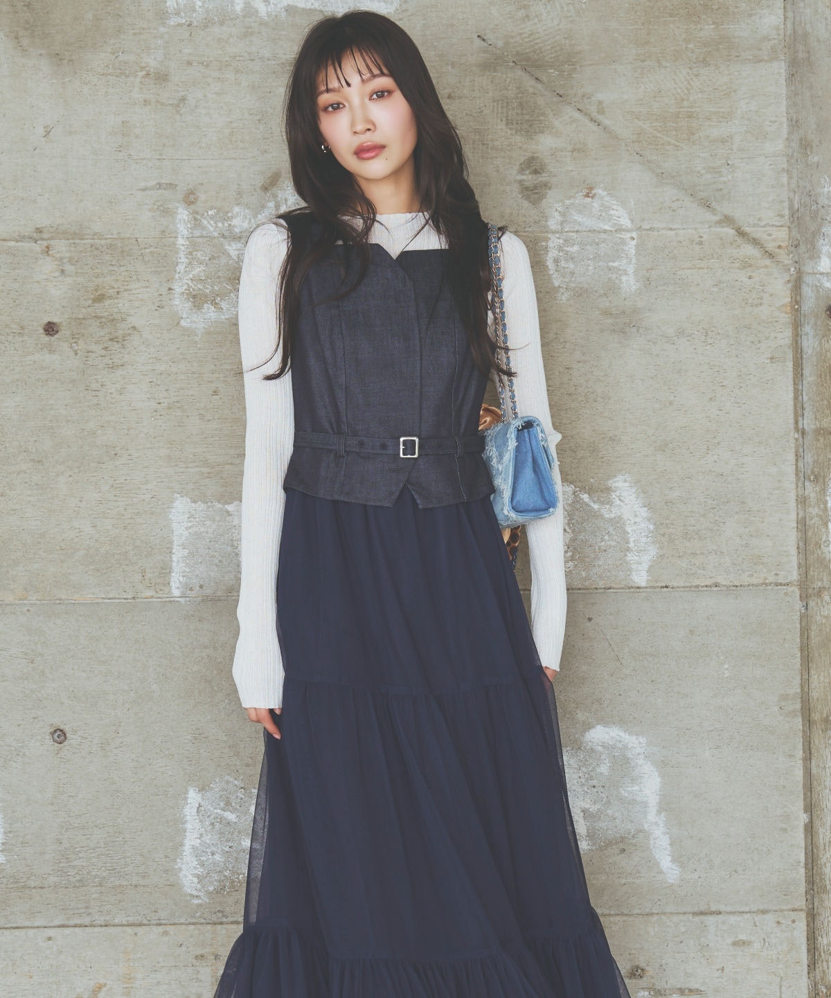 異素材ドッキングチュールワンピース