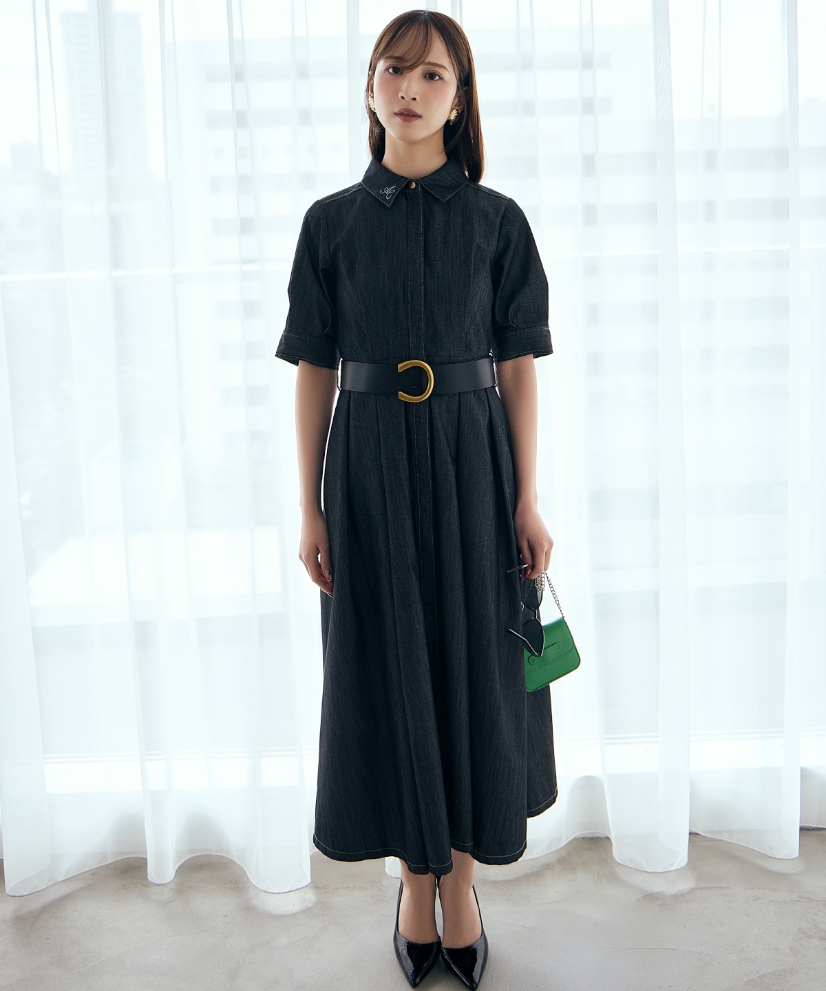 【先行予約受付中】ベルト付き５分袖デニムワンピース