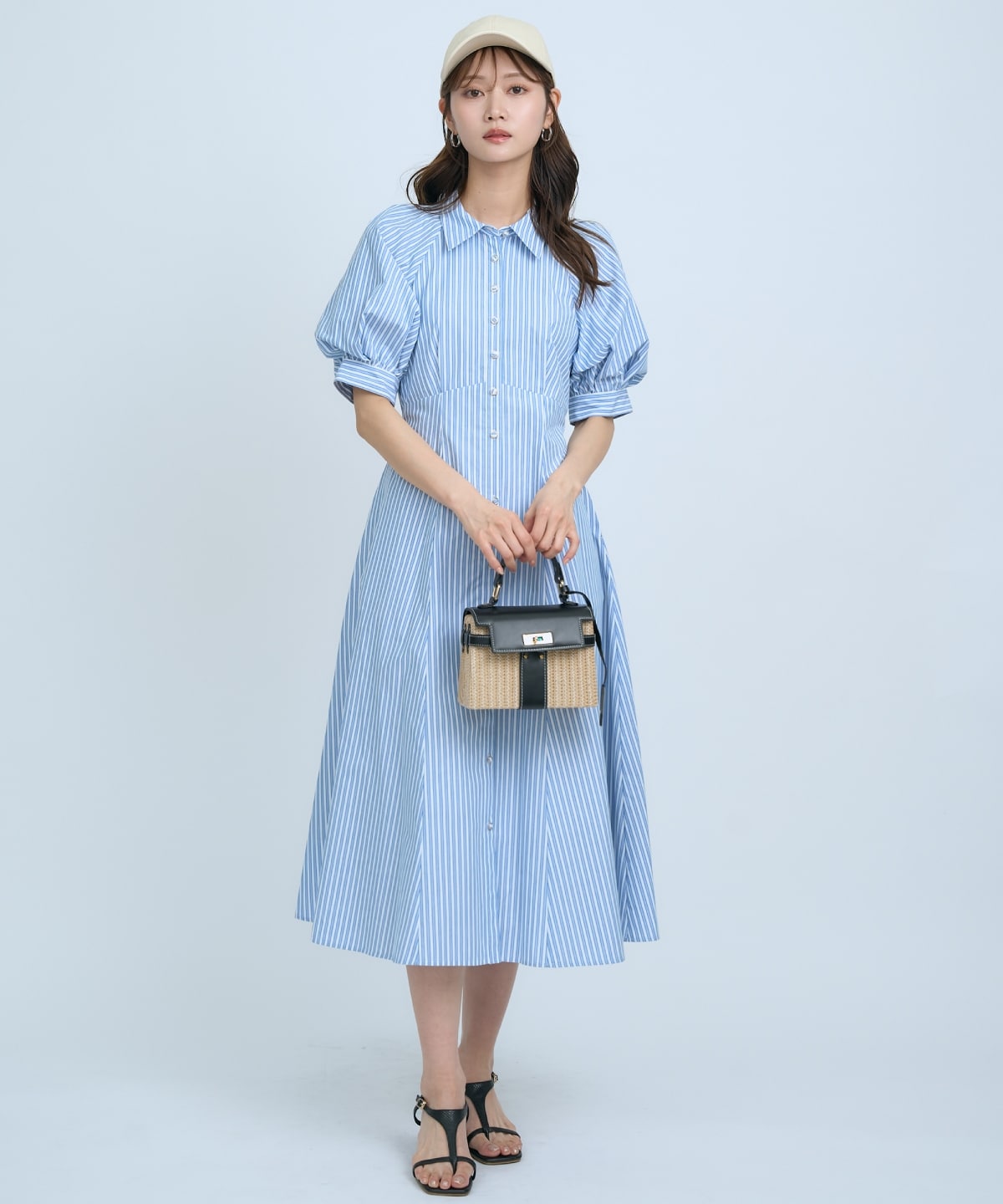 【先行予約受付中】ボリュームスリーブストライプワンピース