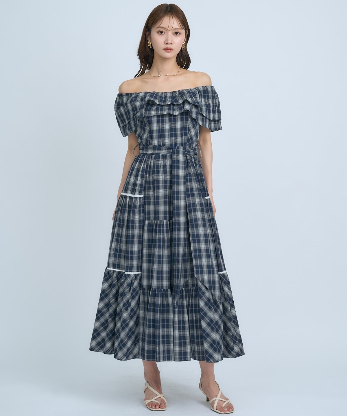【先行予約受付中】オフショルチェックフレアワンピース