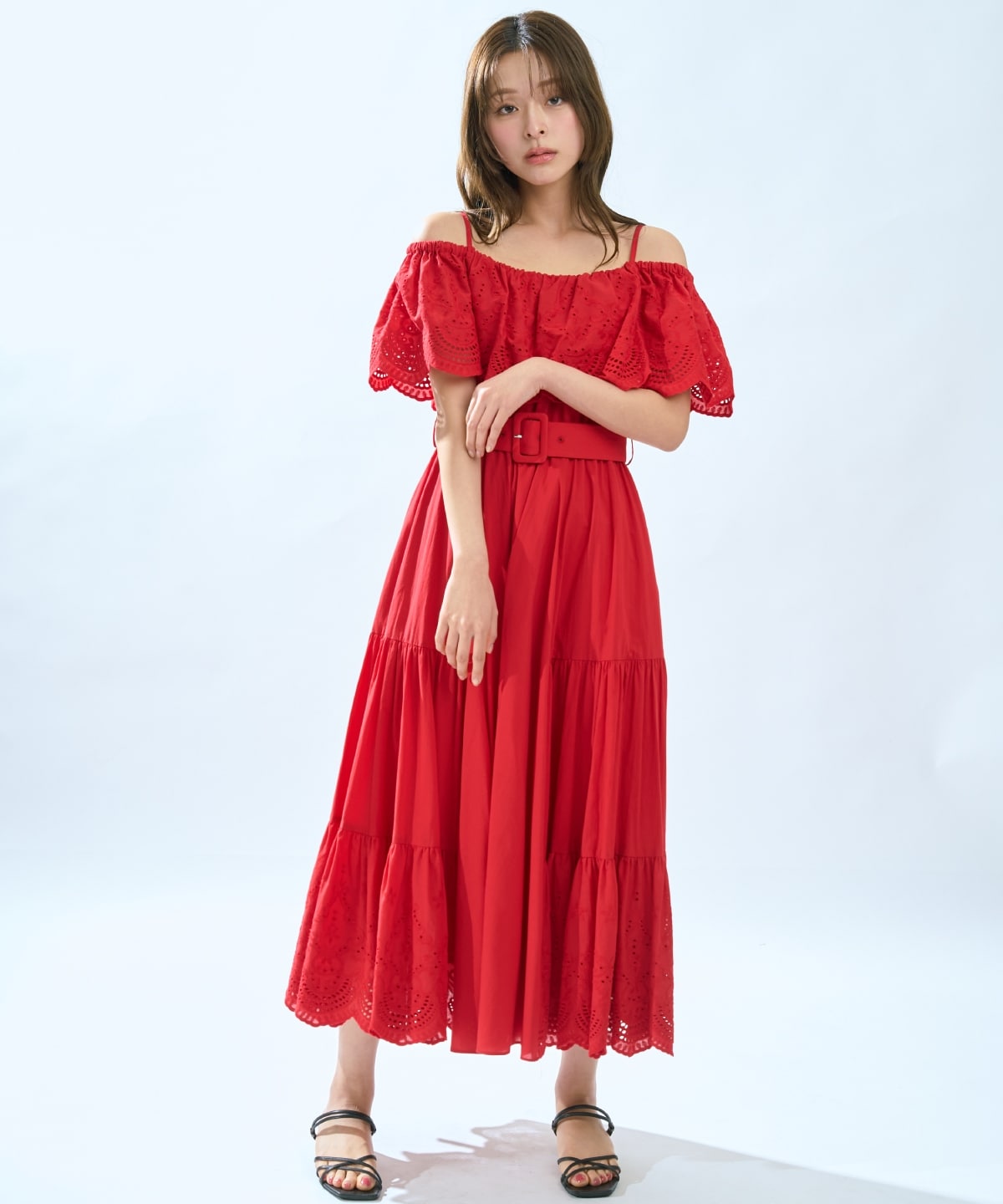 レースオフショルティアードワンピース